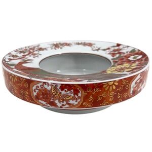 Vintage Kutani Japanese Porcelain Ikebana Bowl Ashtray Red Gold Peacock Floral